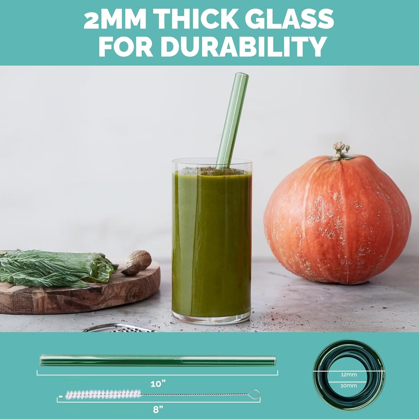 Simply Straws Wide Glass Straws (6-Pack) - 10in x 12mm Reusable Glass Smoothie Straws for Milkshakes, Juices & Slushies, with Cleaning Brush - Dishwasher Safe, Hot & Cold Use, BPA-Free (Iridium)