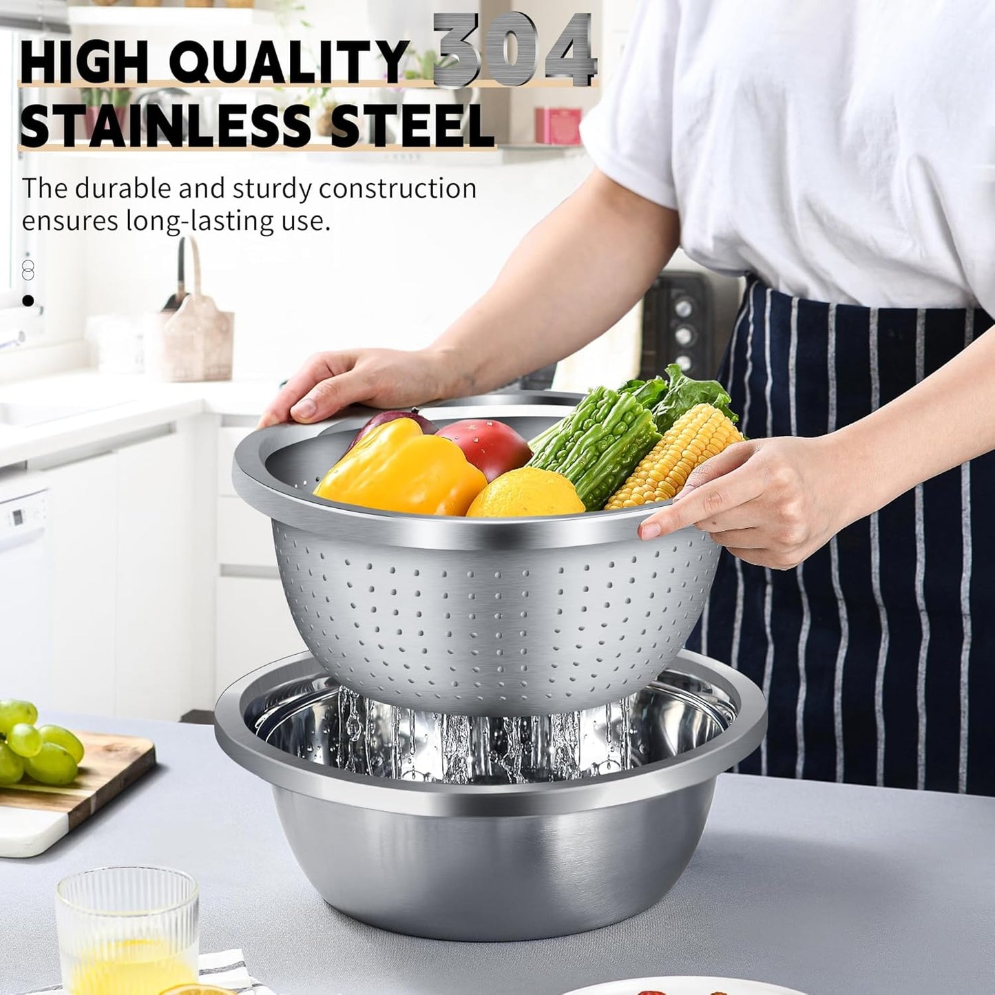 Colander 304 Stainless Steel 3-quart with Mixing Bowls, Strainer for Kitchen Food For washing vegetables, fruit, rice, Dishwasher Safe. (2PC)