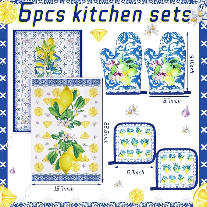 Bencailor 6 Pcs Lemon Kitchen Towels Oven Mitts and Pot Holders Set Decorative - Image 3
