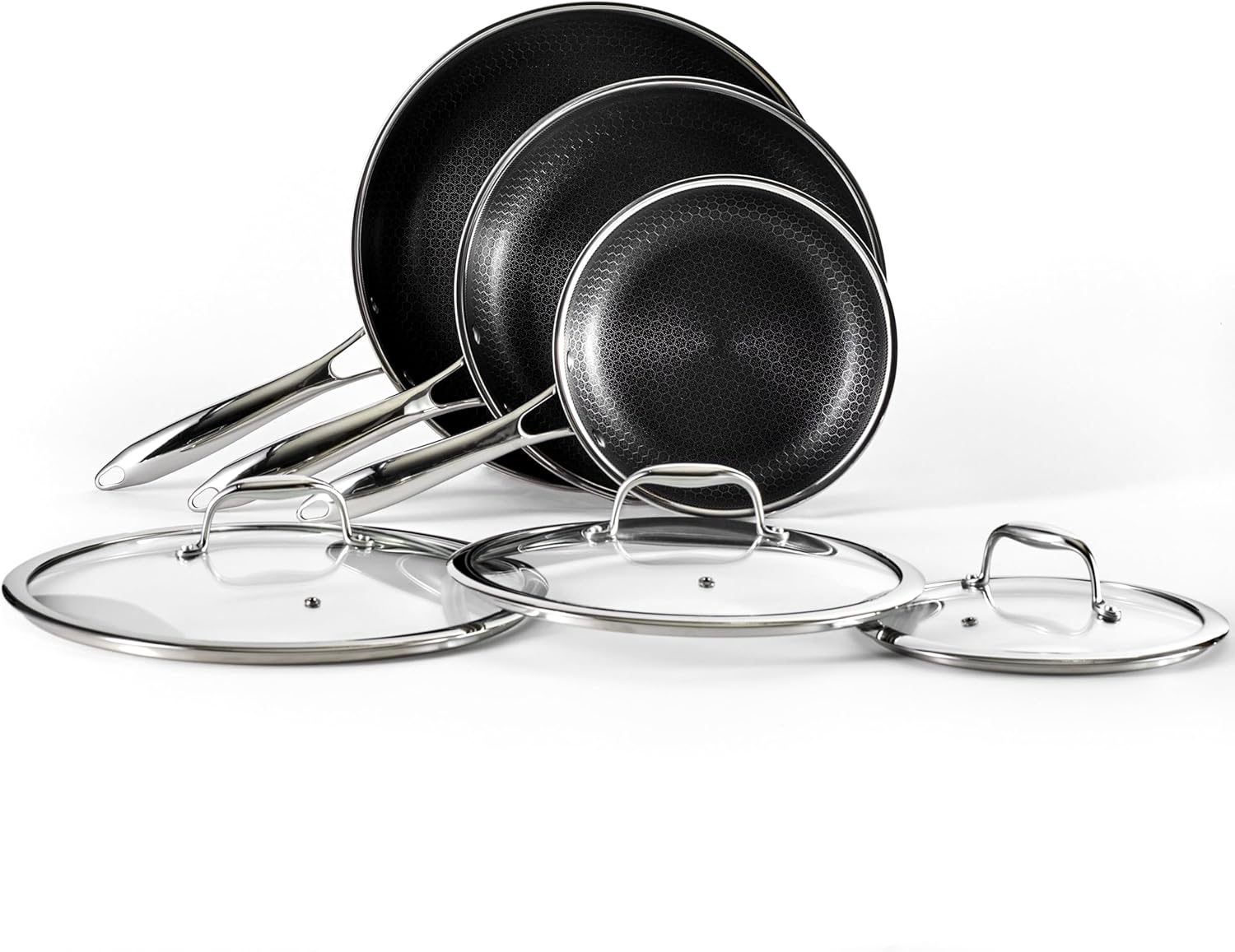 HexClad Hybrid Nonstick 6-Piece Fry Pan Set, 8, 10, and 12-Inch Frying Pans with Tempered Glass Lids, Stay-Cool Handles, Dishwasher-Friendly, Induction Ready, Compatible with All Cooktops