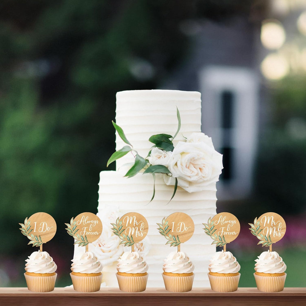 12 PCS Greeny Wedding Cupcake Toppers in Wood Mr & Mrs Engagement Cupcake Decorations