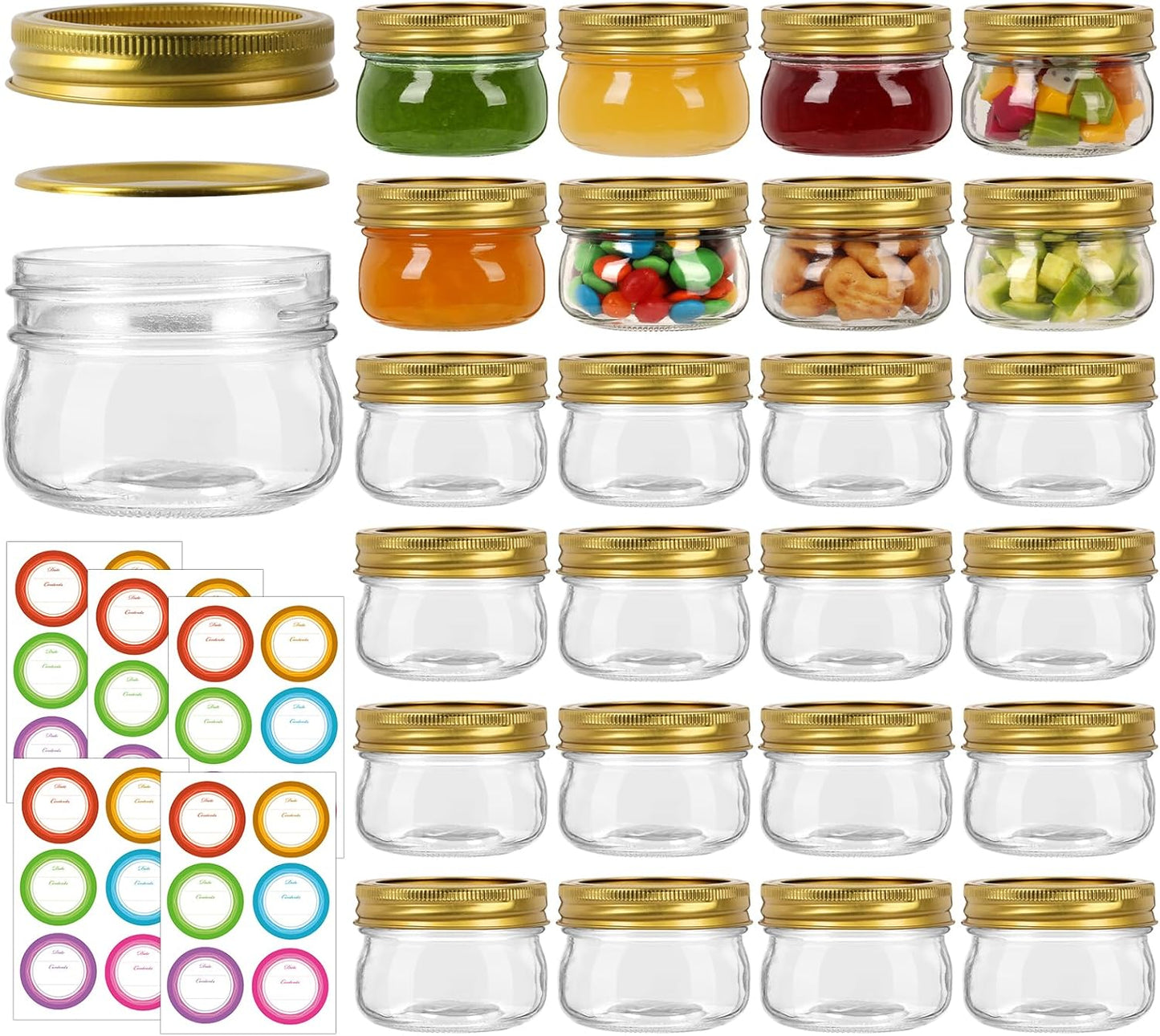 4 oz Mason Jars With Gold Lids and Bands, 24 Pack Regular Mouth Canning Jars for Jam, Honey, Yogurt, Candy, Spices, Snacks, DIY Projects, Wedding Favors- Includes 30 Stickers