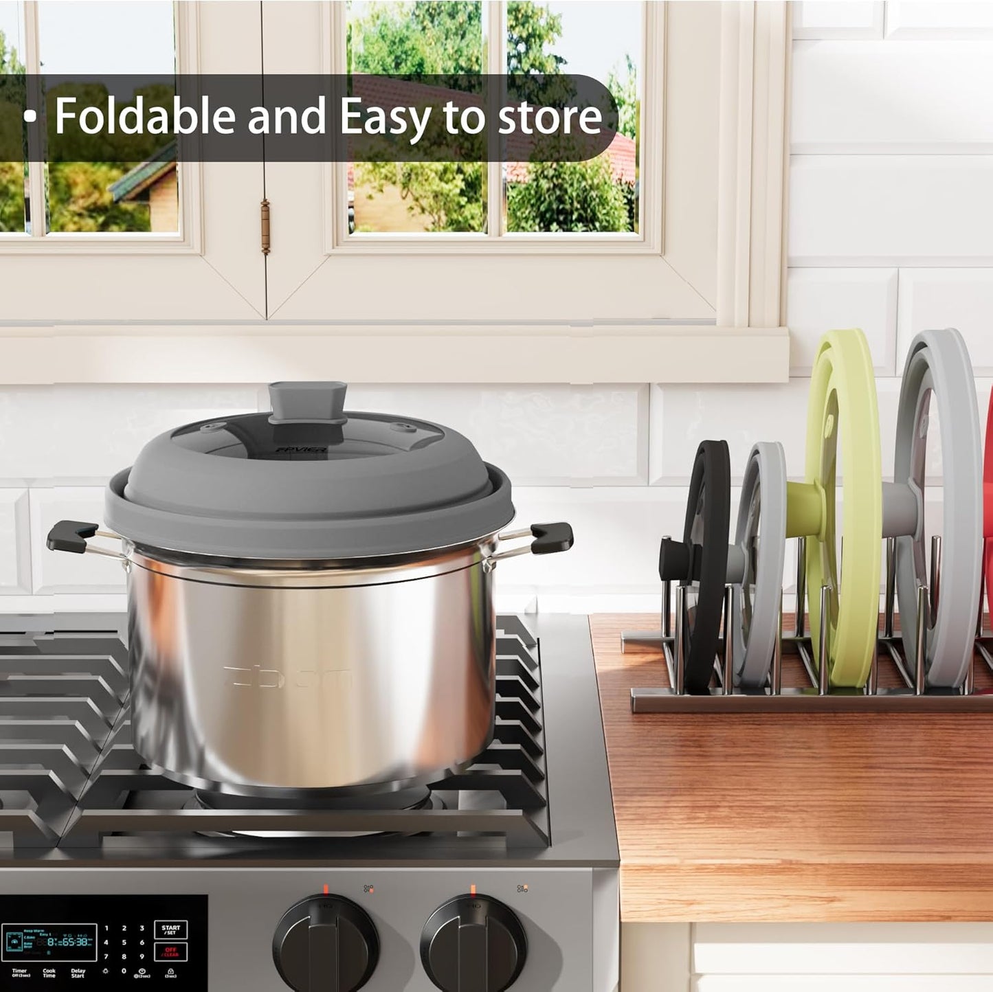 Microwave Splatter Cover, Vented Silicone and Glass Cover Splatter Guard Lid, Food Collapsible Plate Cover Lid with Easy Grip Handle. (Gray, 9 inch)