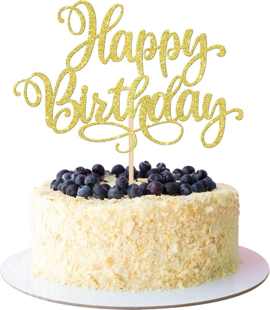 1 PCS Happy Birthday Cake Topper Glitter Happy Birthday Cake Pick Bunting Decor for Anniversary Celebrating Happy Birthday Party Cake Decorations Supplies Gold