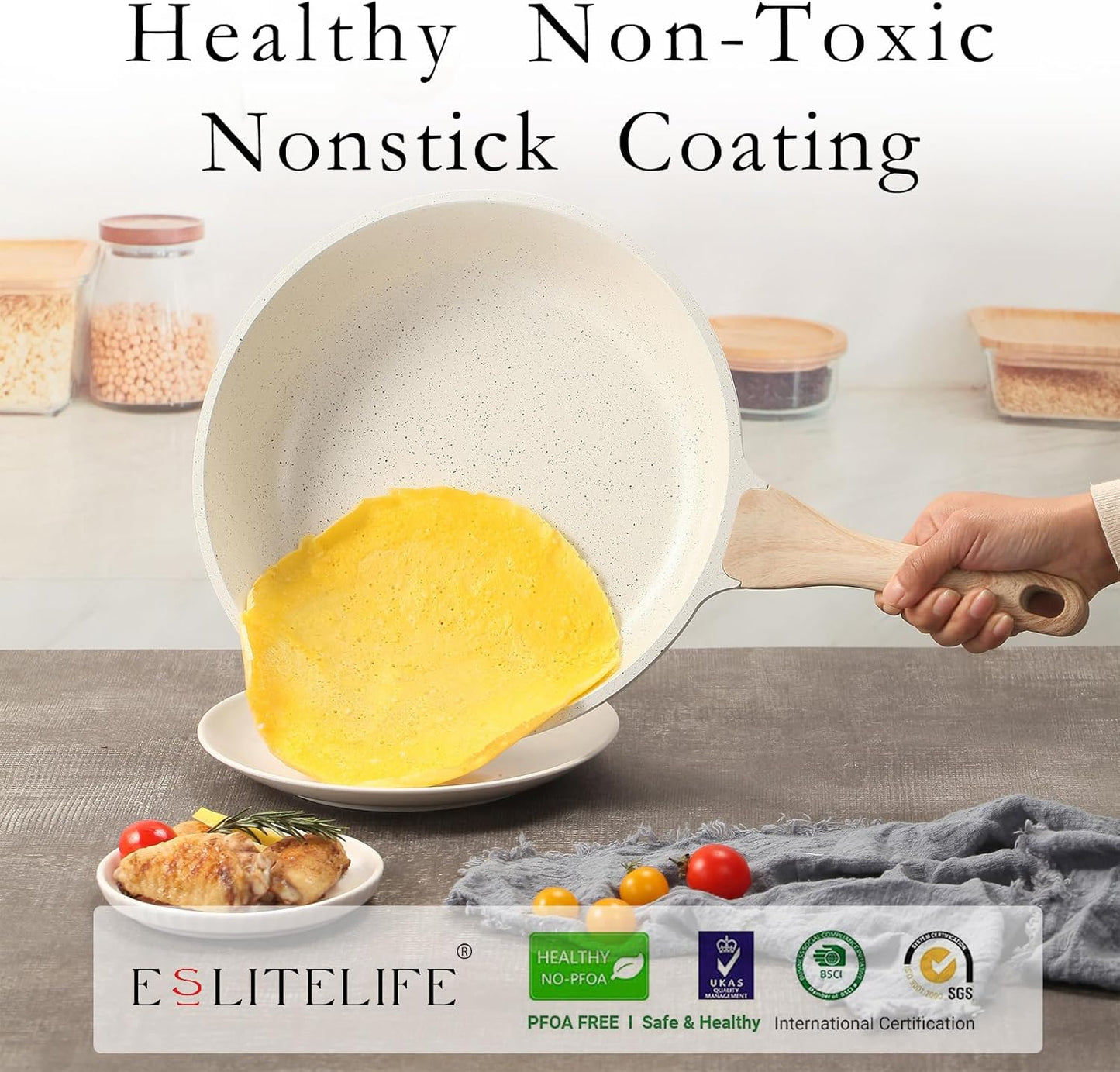 ESLITE LIFE Nonstick Ceramic Frying Pan Skillet with Lid, Non-Toxic Egg Omelette Kitchen Cooking Pans Compatible with All Stovetops (Gas, Electric & Induction), PTFE & PFOA Free (White, 9.5" w/Lid)