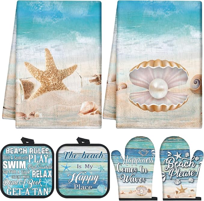 6 Pcs Summer Beach Kitchen Towels Pot Holders and Oven Mitts Set Include by Mindsoft