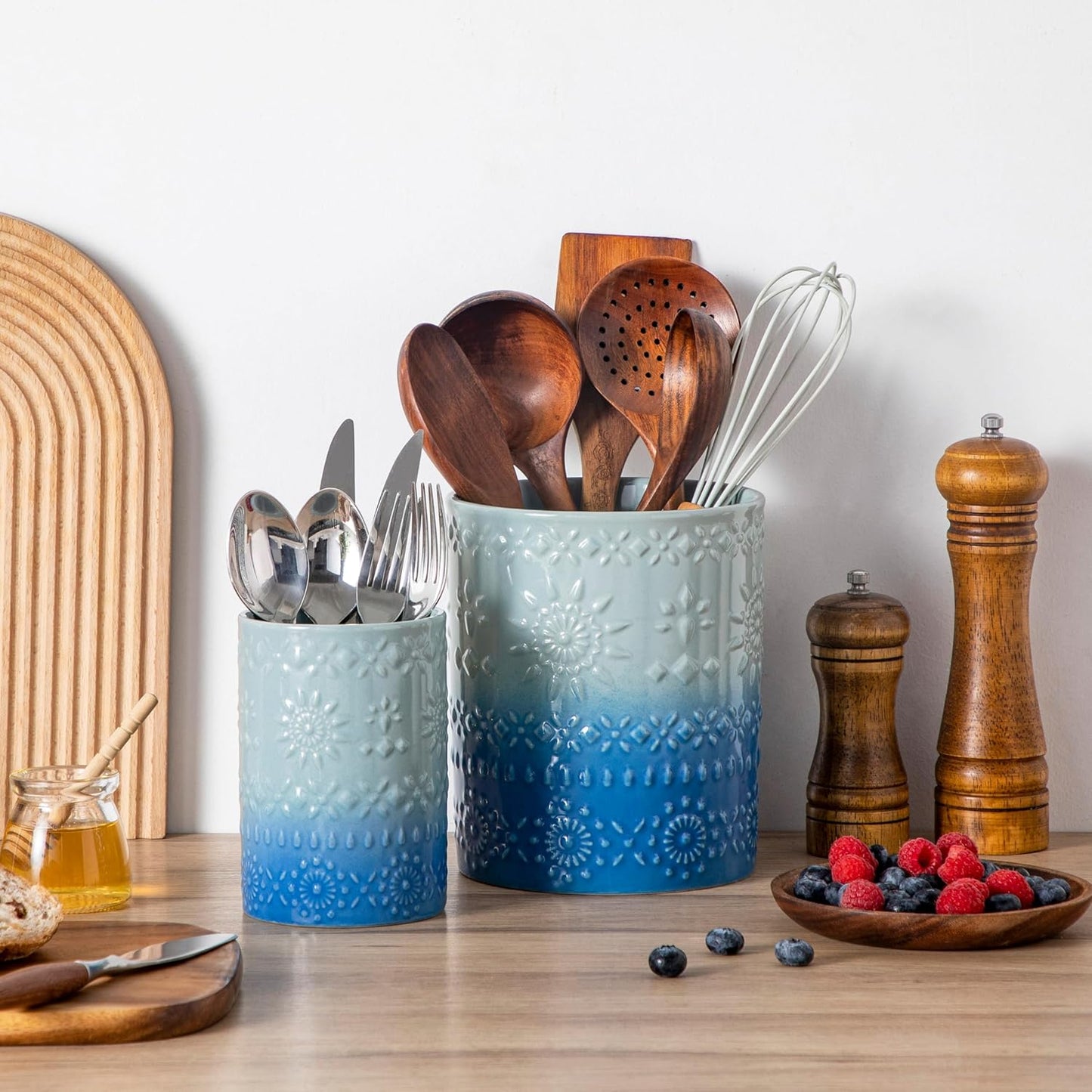 LOVECASA Utensil Holder, 7.2"+5.4" Ceramic Utensil Holder for Countertop, Large Cooking Utensil Crocks for Kitchen Counter, Farmhouse Utensil Vase for Housewarming, Kitchen Decor, Set of 2, Oceans