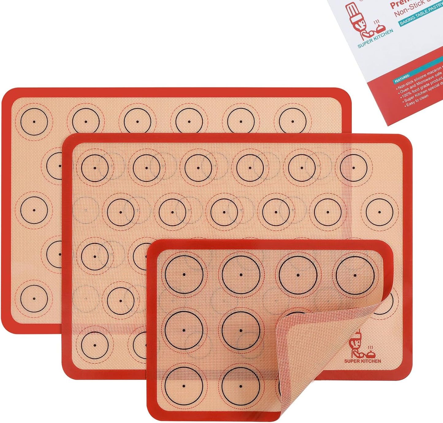 Folksy Super Kitchen Silicone Macaron Baking Mat - Set of 3 (2 Half Sheet and 1 Quarter Sheet), Non Stick Silicon Oven Liner For Macaroons and Cookies (16.5x11.6, Red)