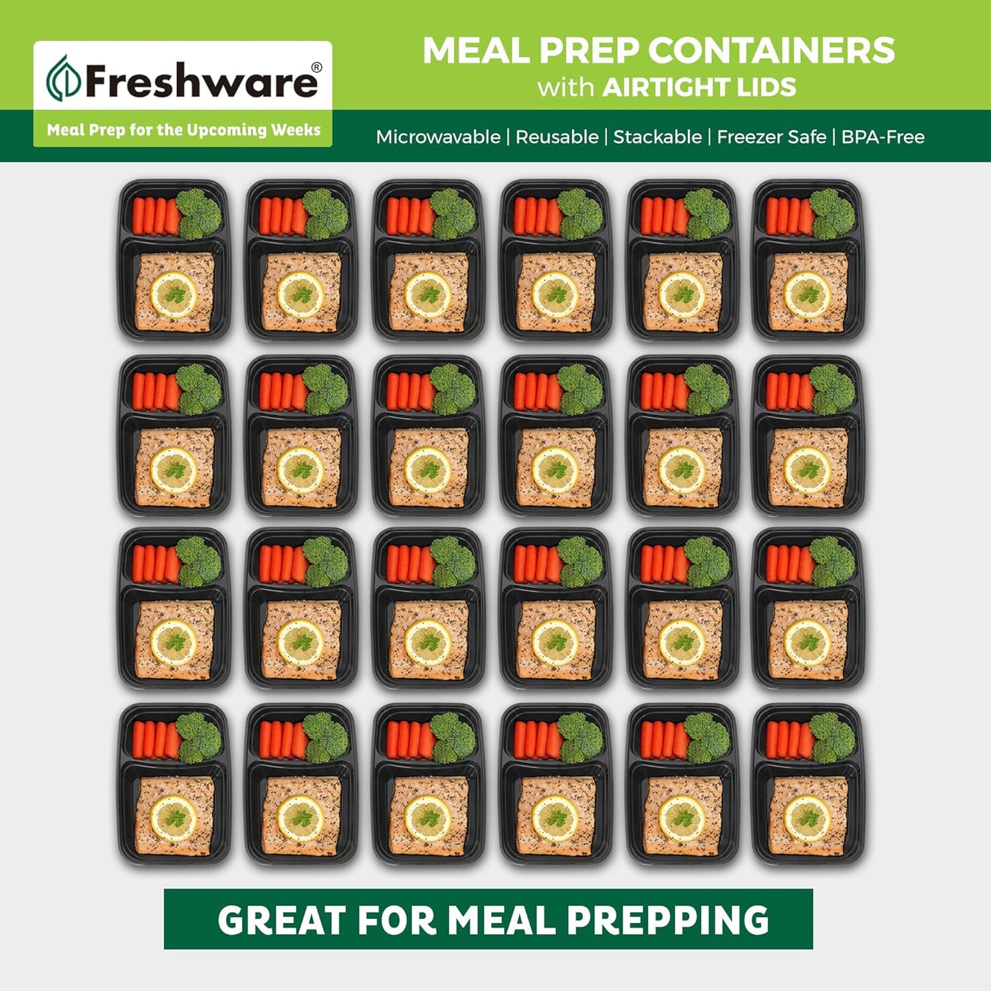 Freshware Meal Prep Containers [50 Pack] 2 Compartment with Lids, Food Storage Containers, Bento Box, BPA Free, Stackable, Microwave/Dishwasher/Freezer Safe (28 oz)