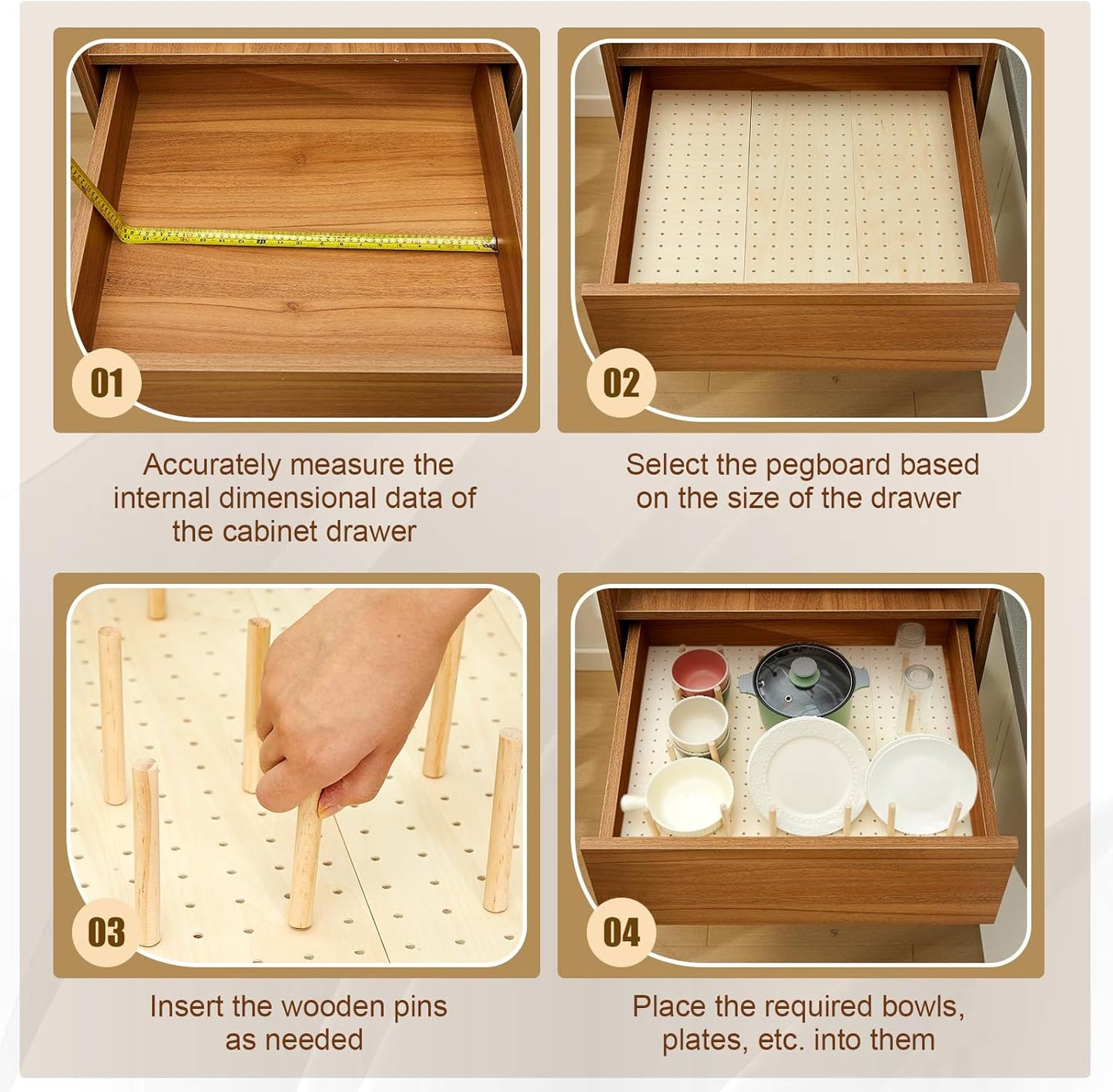 Kigley 12 Pcs Pegboard Drawer Organizer with 96 Drawer Peg Wood Peg Board Wooden Kitchen Plate Organizer for Dishes Food Containers Cookware Utensils(21 Inch,Wood Color)