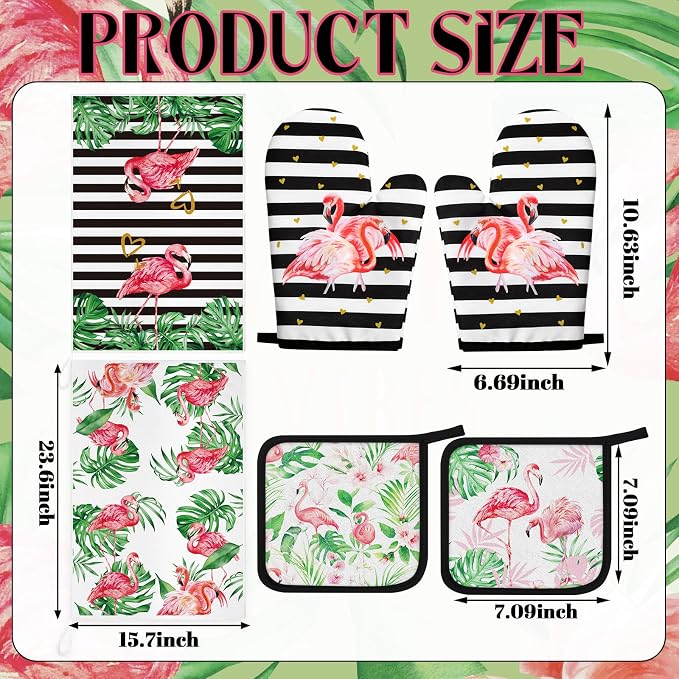 Bencailor 6 Pcs Flamingo Kitchen Towels Oven Mitts and Pot Holders Set - Image 3
