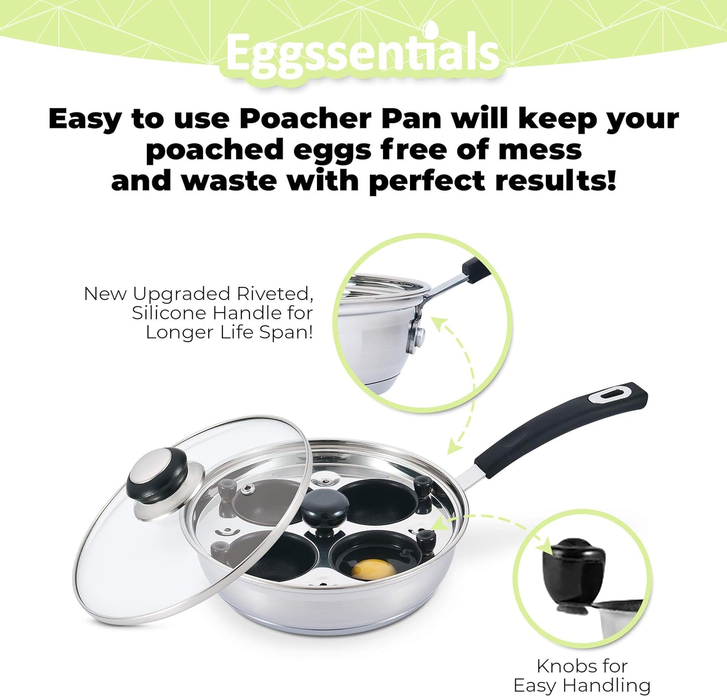 Egg Poacher - Eggssentials Poached Egg Maker, Stainless Steel Egg Poaching Pan, Poached Eggs Cooker Food Grade Safe PFOA Free with Spatula.