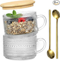 Vintage Coffee Mugs, Overnight Oats Containers - 14oz Clear Embossed Glass Cups by MakeLifeBetterEasier