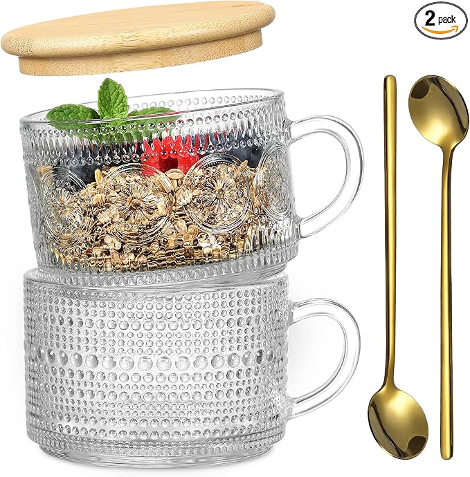 Vintage Coffee Mugs, Overnight Oats Containers - 14oz Clear Embossed Glass Cups by MakeLifeBetterEasier