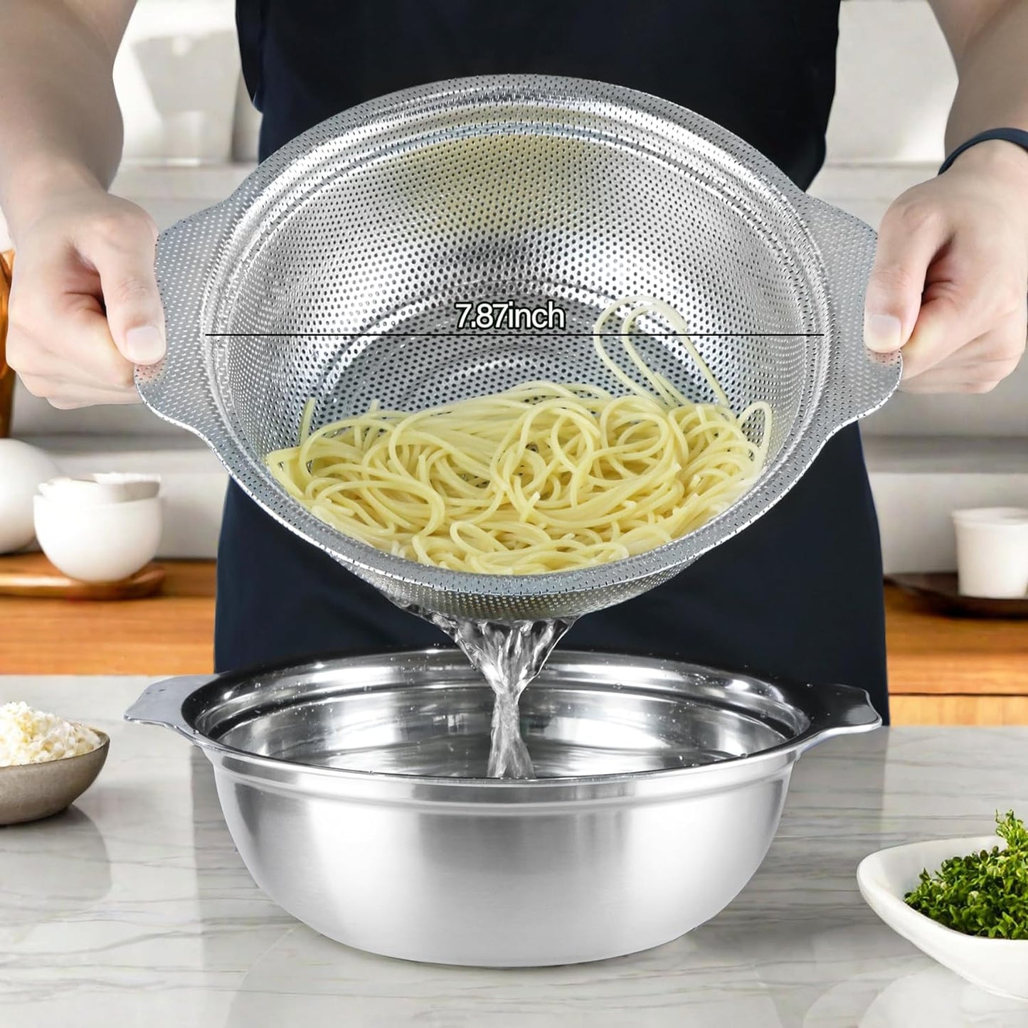 Stainless Steel Colander for Kitchen, 2.5QT Rice Washer Strainer with Mixing Bowl, Colander Bowl Set with Microporous for Washing Rice, Pasta, Spaghetti, Fruits, Dishwasher Safe(2PC)