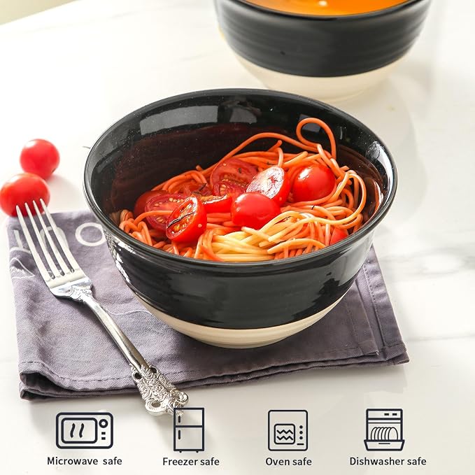HASENSE Large Ceramic Soup Bowls Set of 4, 40 Oz Gloss Black Beige Stackable - Image 7