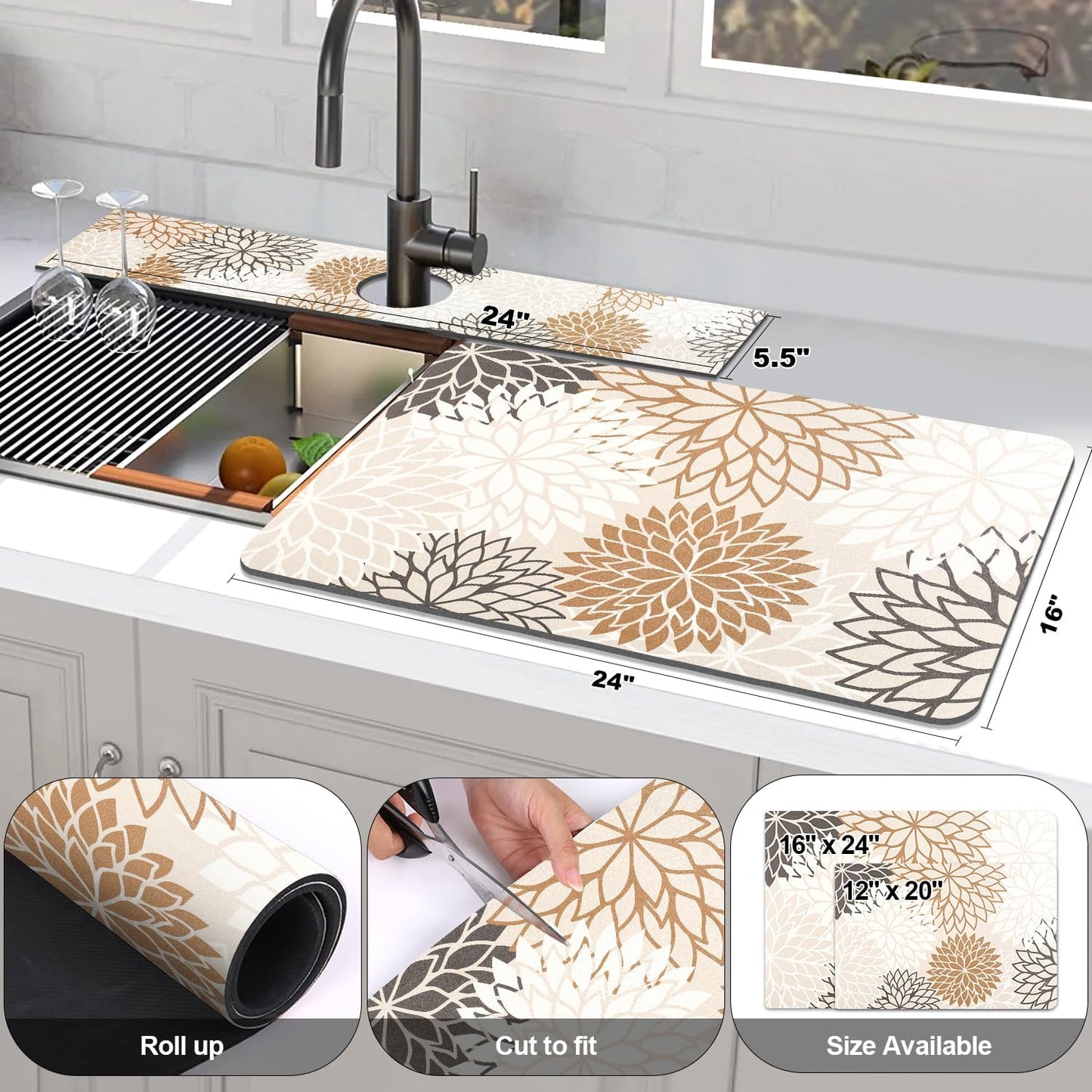 Findosom 2PCS 16" x 24" Dish Drying Mat & 24" x 5.5" Sink Splash Guard, Super Absorbent & Cuttable Dish Mat Drying Kitchen Mat with Brown Floral, Hide Stain Drying Mat for Kitchen Counter