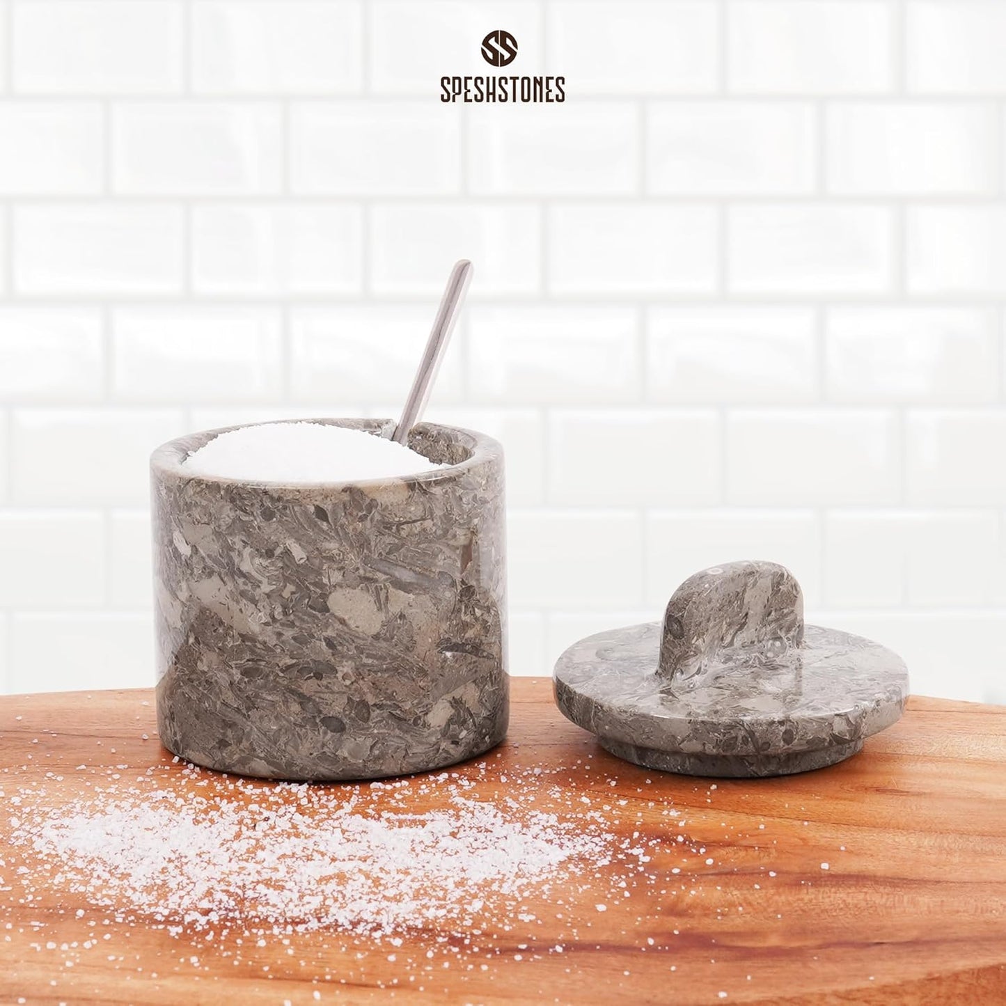 Marble Salt Cellar with Lid and Spoon 4 Inch Oceanic Handmade Spice Jars for Kitchen Storage - Flaky Salt Holder, Decorative Sugar Bowl & Small Seasoning Containers for Countertop Decor