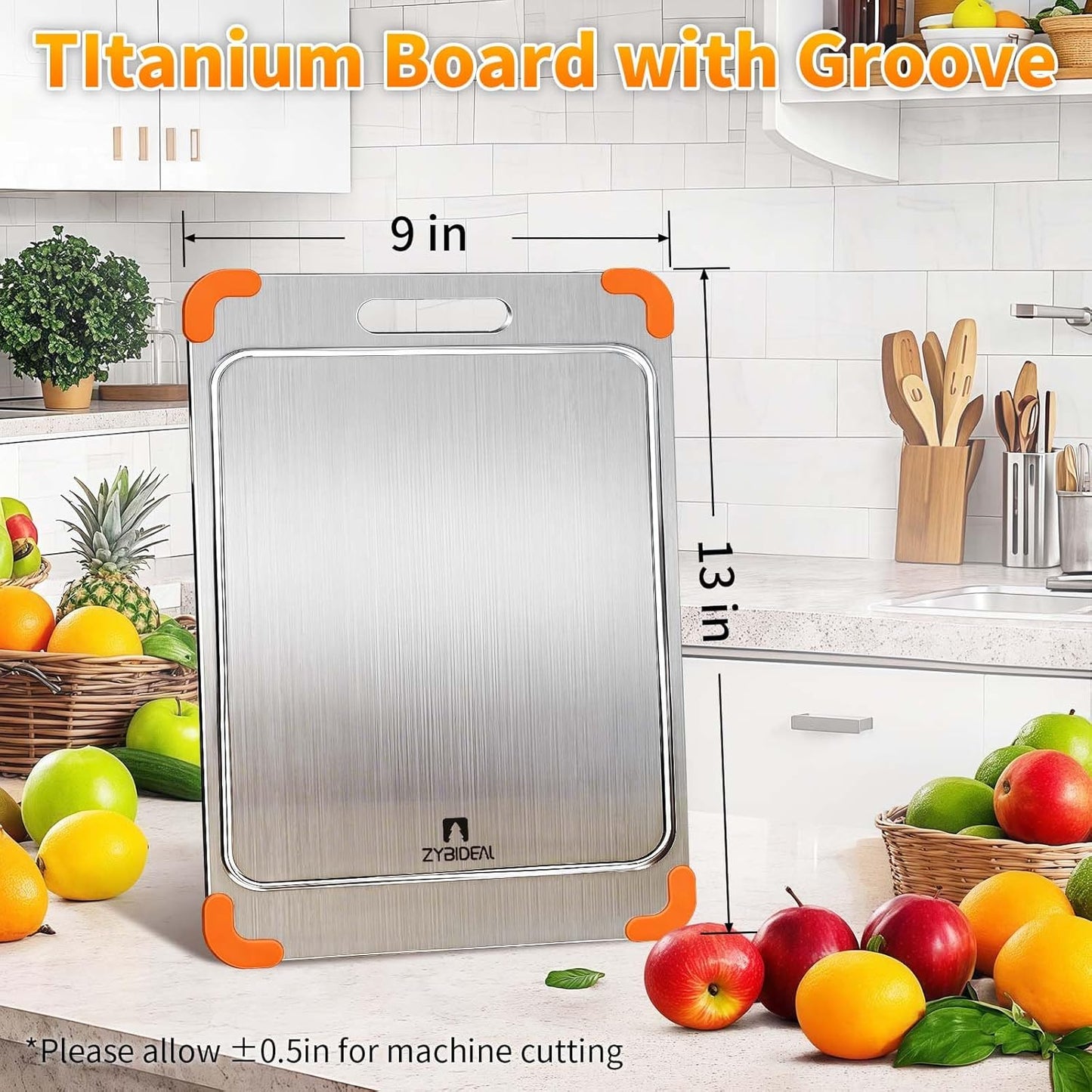 100% Pure Titanium Cutting Board with Grooves, Update Double Side Titanium Chopping Board, Silicone Anti-slip Stainless Cutting Boards for Kitchen 9 * 13 IN, Orange