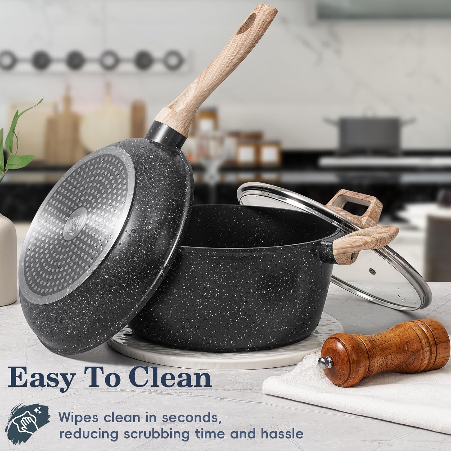 12 Pcs Pots and Pans Set Non stick, Cookware Sets Black Granite Induction Cookware, Non-toxic Healthy Nonstick Kitchen Cooking Set with Frying Pans Set, Saucepans (PFAS/PFOA/PFOS Free)