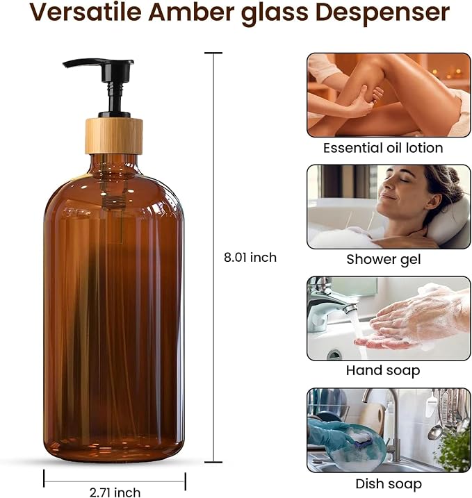 Sunrise Premium 16 OZ Thick Amber Glass Soap Dispenser, Bamboo Pump - Image 3