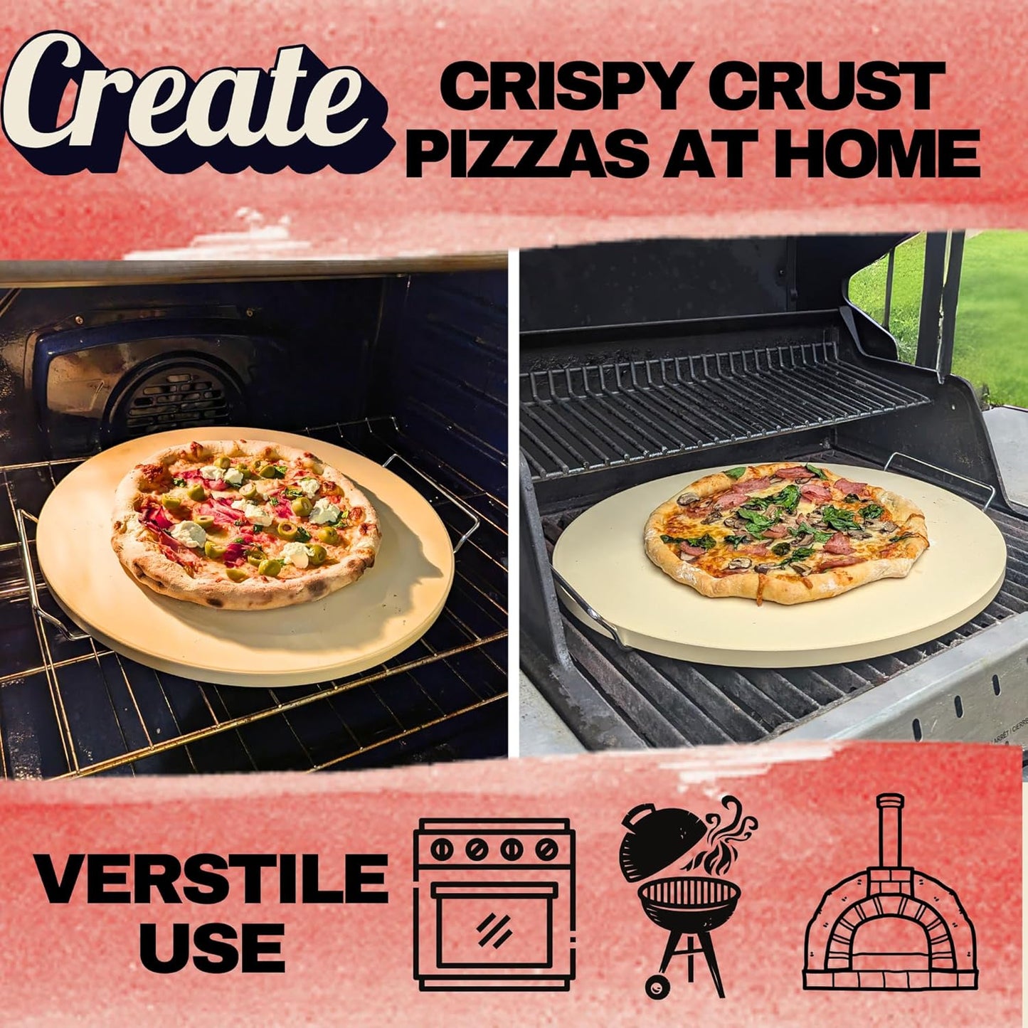 Round Pizza Stone for Oven 16 inch - Large Pizza Stone for Grill with Handles, Metal Pizza Peel & Dough Tool - Baking Stone for Bread - Oven Stones - Pizza Making Set