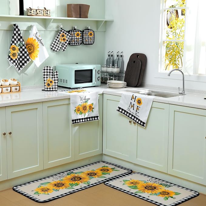 Fourluoo 10 Pcs Sunflower Kitchen Decor 4 Black and White Buffalo Plaid Dish - Image 6