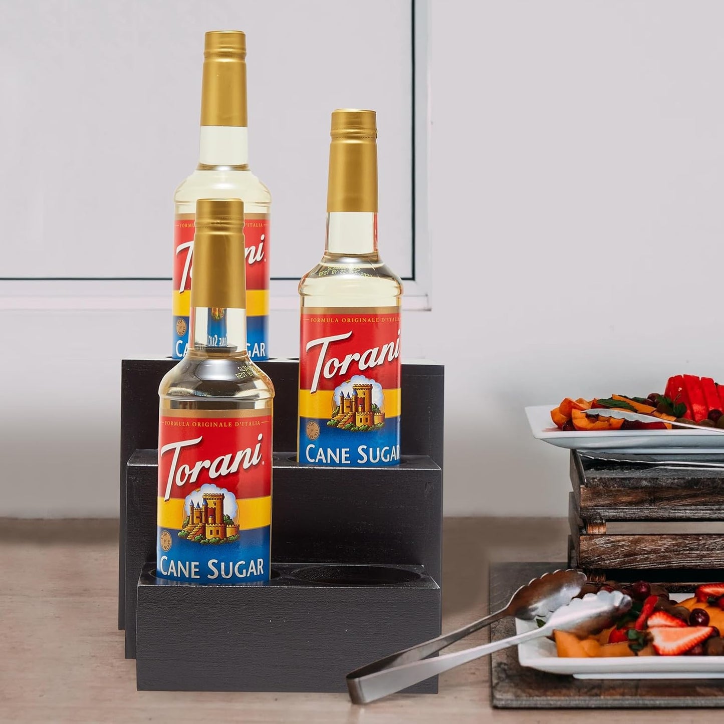 Black Wood Coffee Syrup Rack Organizer, 3 Tier Syrup Bottle Holder for Coffee Bar, 6 Bottles(750ml) Storage Stand for Syrup, Wine, Dressing for Kitchen Coffee Station(3 Separate Pieces)