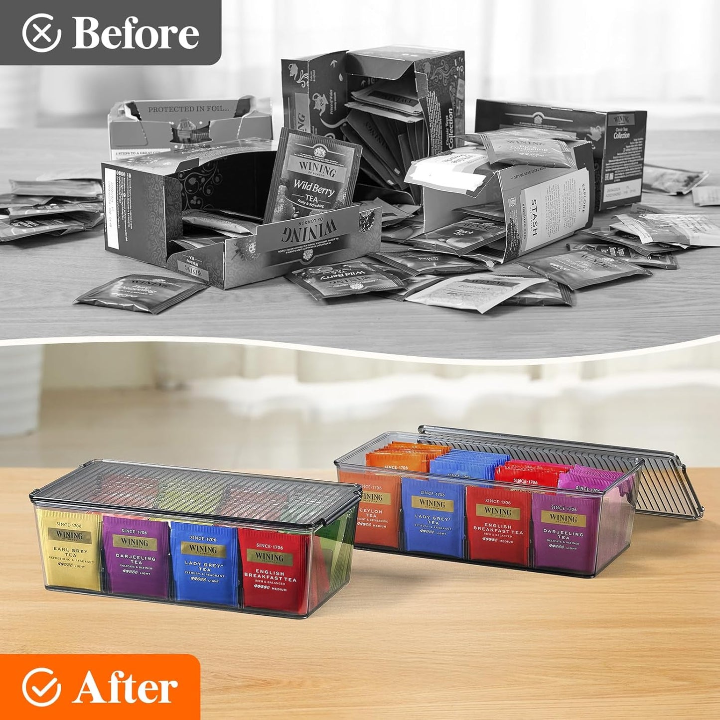 Lifewit Plastic Black Tea Bag Organizer, Divided Storage Bin Box with 8 Compartments, Holds Coffee Pods, Sugar Packets, Condiments, Snacks for Countertop, Cabinet, 2 Pack