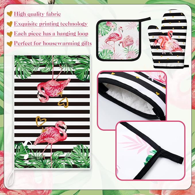 Bencailor 6 Pcs Flamingo Kitchen Towels Oven Mitts and Pot Holders Set - Image 5