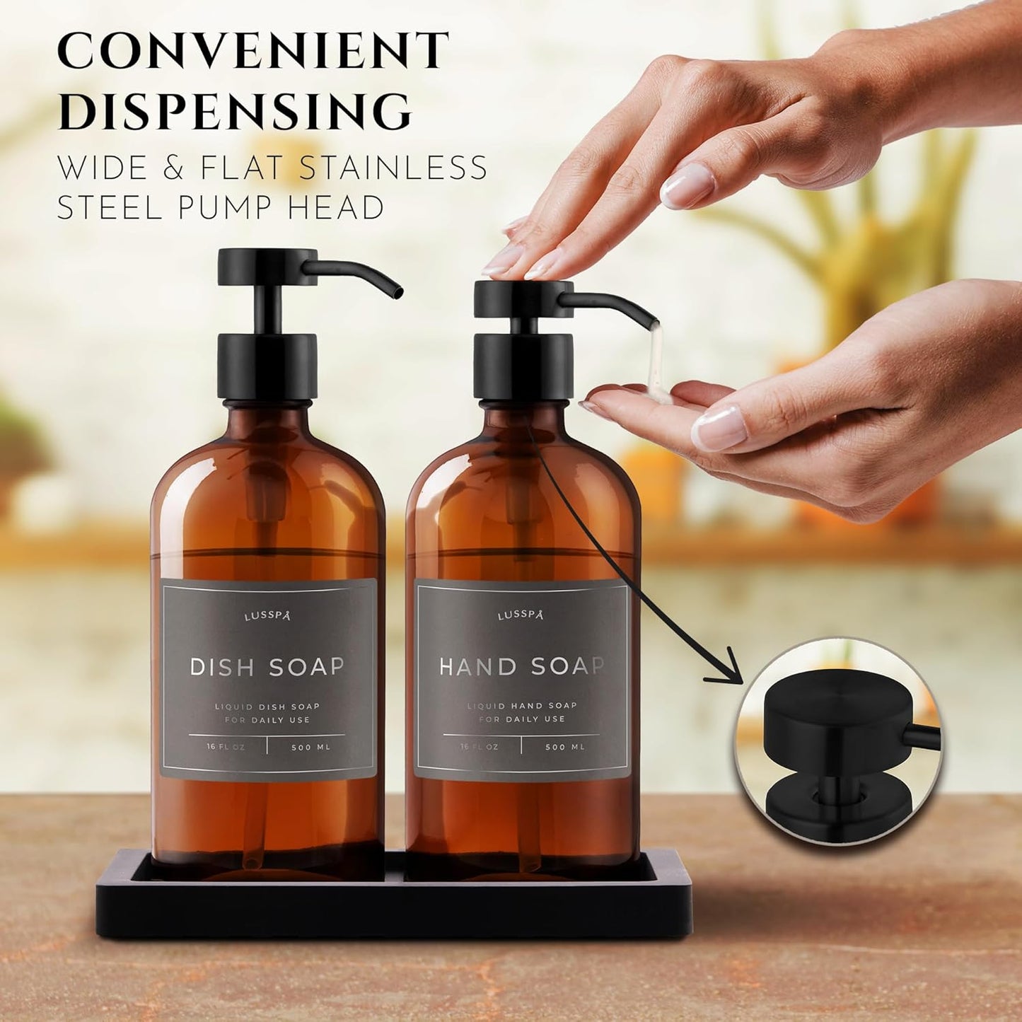 Lotion, Hand & Dish Soap Dispenser for Kitchen Sink - Bathroom Soap Dispenser Set of 2 16.8 Oz Glass Bottles with Stainless Steel Pump, 15 Water Proof Labels & Silicon Tray (Amber/Black)