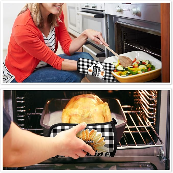 5 Pieces Buffalo Plaid Kitchen Towels Oven Mitts and Pot Holder Set Black and - Image 5