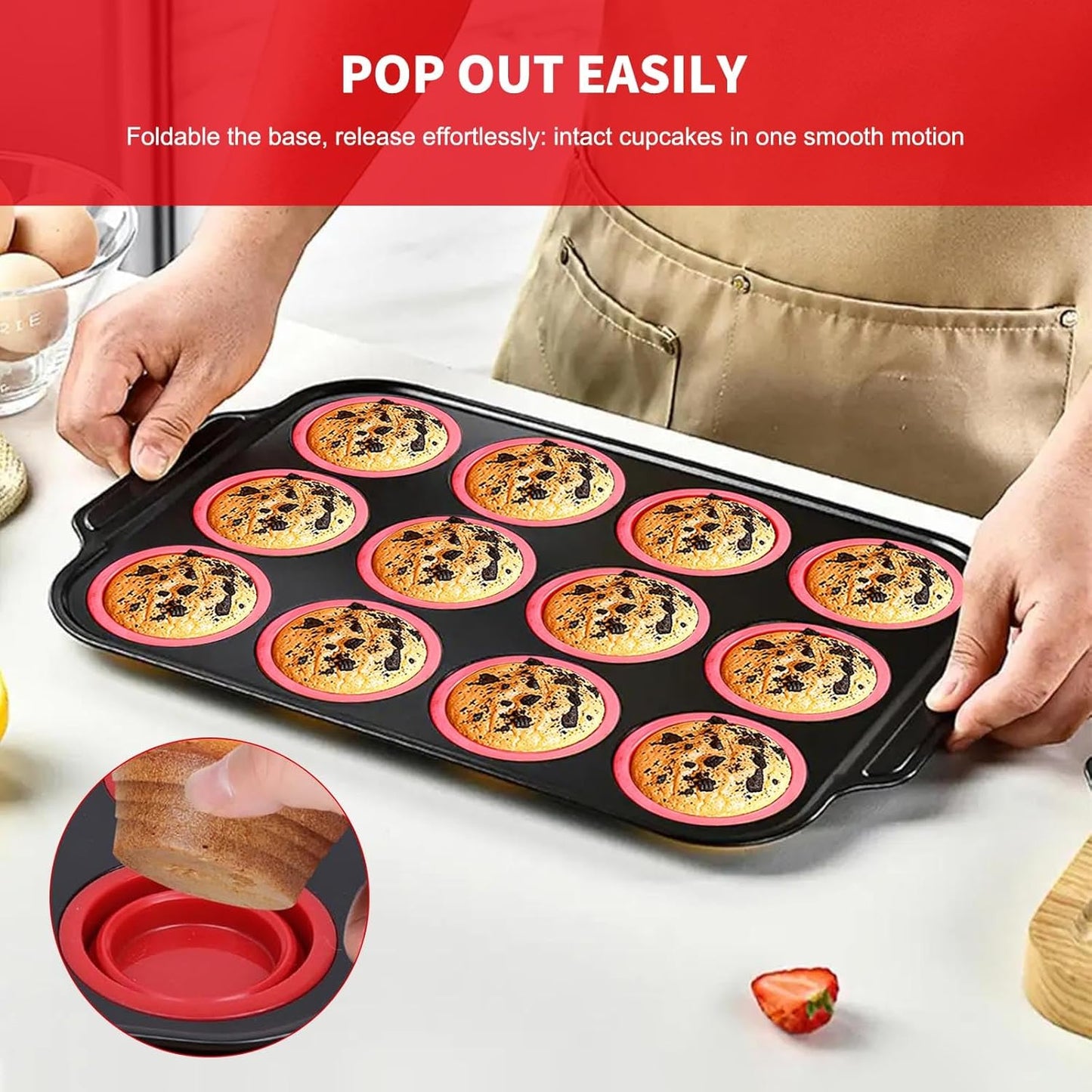 Silicone Muffin Pan with Metal Frame, Egg Bite Maker Silicone Molds for Baking, Cupcake Pans 12 Regular Size, Muffin Tins Easy to Pop Nonstick Non Toxic Bakeware for Oven (Red-6)