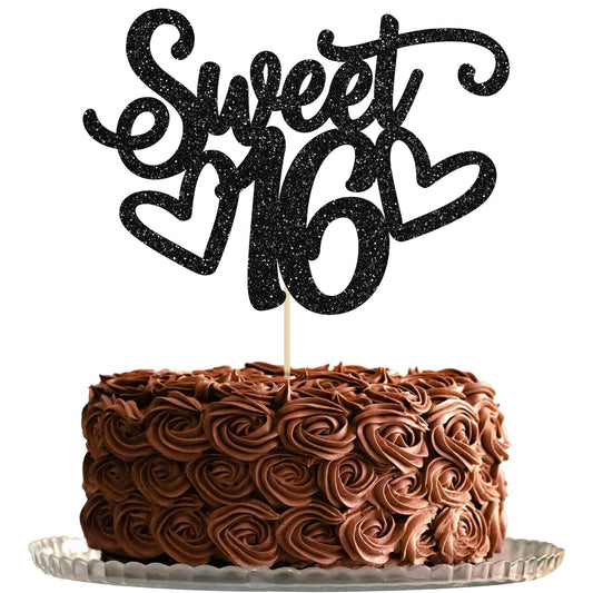 Gyufise 1Pc Sweet Teenager 16 Cake Topper Glitter 16th Birthday Cake Pick for Cheers to 16 Years Old 16th Birthday Party Cake Decorations Supplies Black