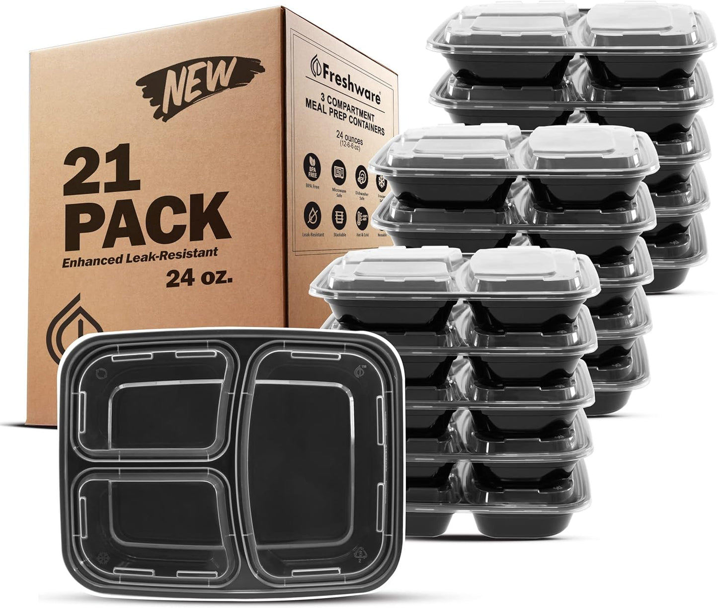 Freshware Meal Prep Containers 21 Count (Pack of 1), 3 Compartment with Lids, Food Storage Containers, Bento Box, Stackable, Microwave/Dishwasher/Freezer Safe (24 oz)