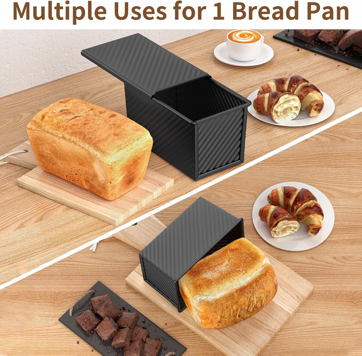 2 PCS Pullman Loaf Pan with Lid, 1.2Lb & 0.67 Lb Dough Capacity Non-Stick Bread Pans for Homemade Bread, Carbon Steel Bread Loaf Pans, Bakeware for Baking Sandwich and Toast, Black