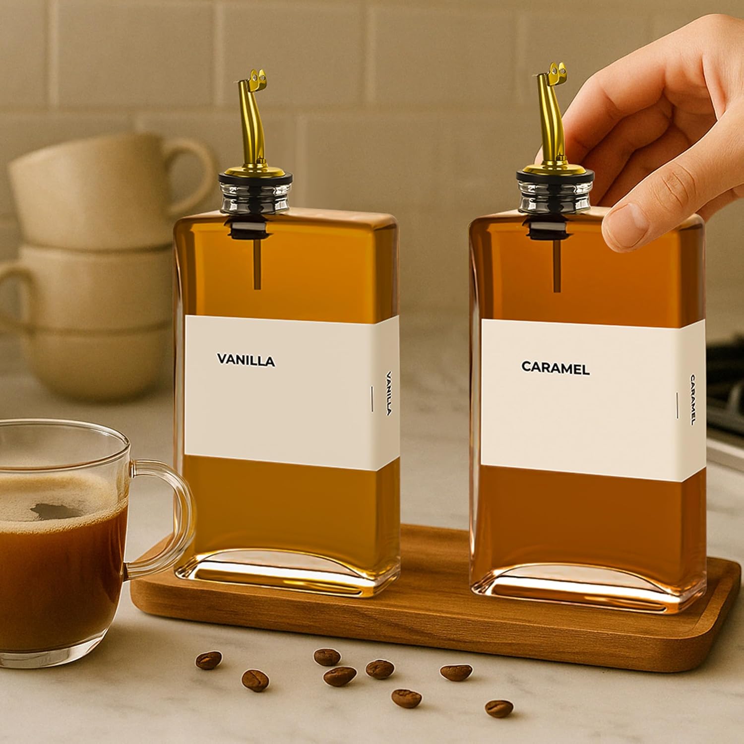 Olive Oil Dispenser Bottle - Includes 44 Kitchen Essential Labels - Cooking Oil Bottles for Kitchen, Coffee Syrup Dispenser - Pourer Spout with 11.8 fl oz Glass Container Cruet - 2pcs, Gold