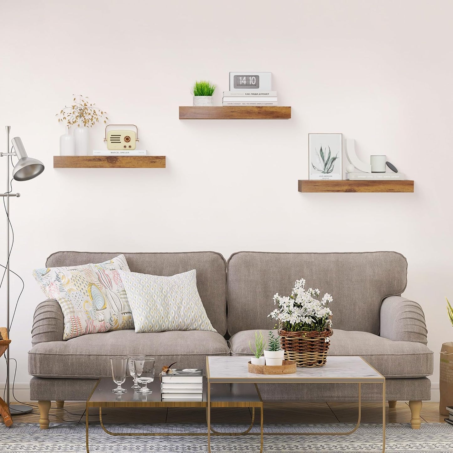 Colima Floating Shelves for Bedroom, Bathroom, Living Room, Kitchen, Office - 15 Inch Wall Mounted, Set of 3 - 1.3" Thick Brown Wood Floating Book Shelves