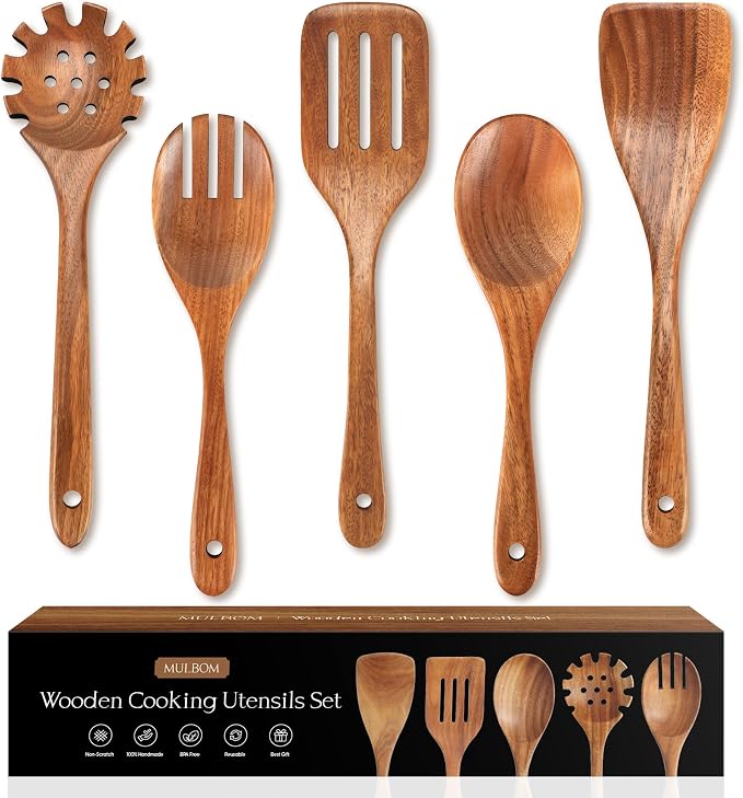 5 PCS Wooden Spoons for Cooking Natural Teak Kitchen Utensils Set Smooth by MULBOM