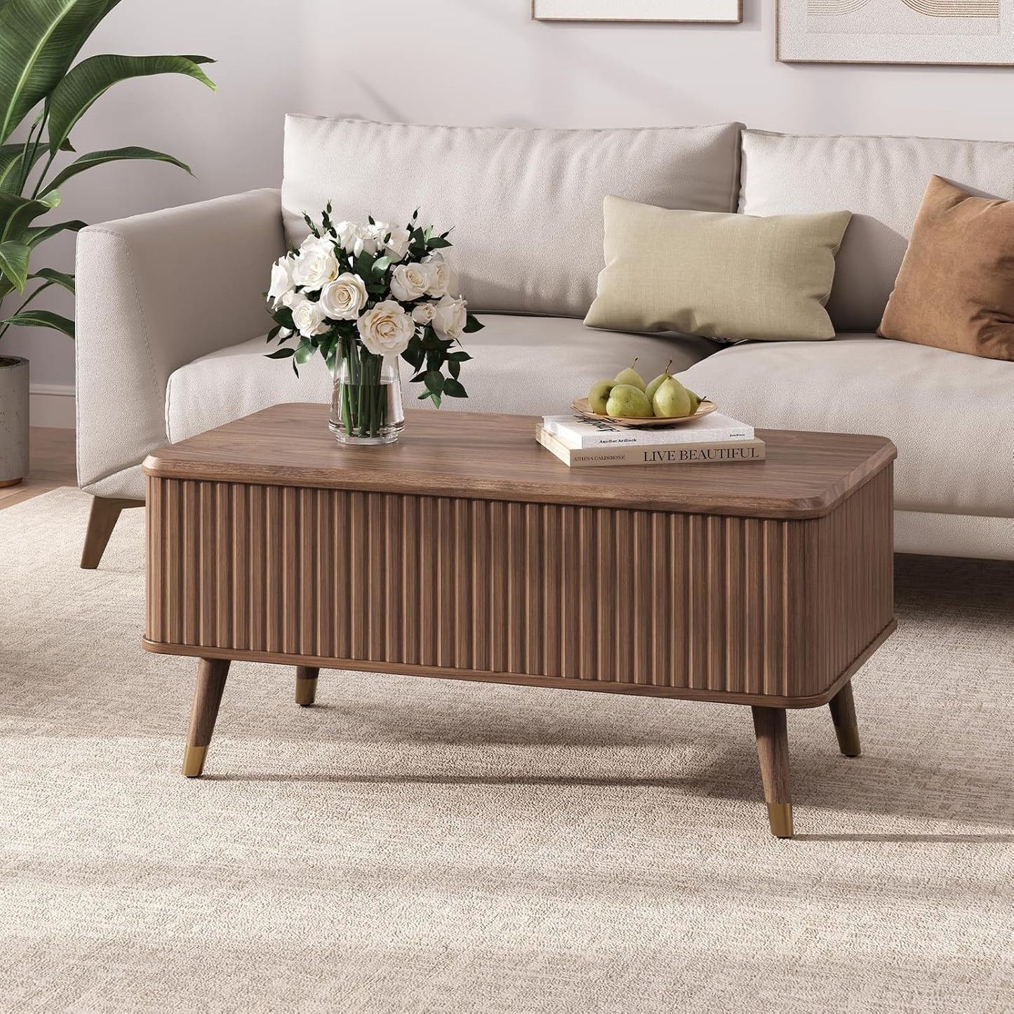 Lift Top Coffee Table, Mid Century Modern Coffee Table with Hidden Storage Compartment, 38" Fluted Center Table for Living Room, Home Office, Walnut