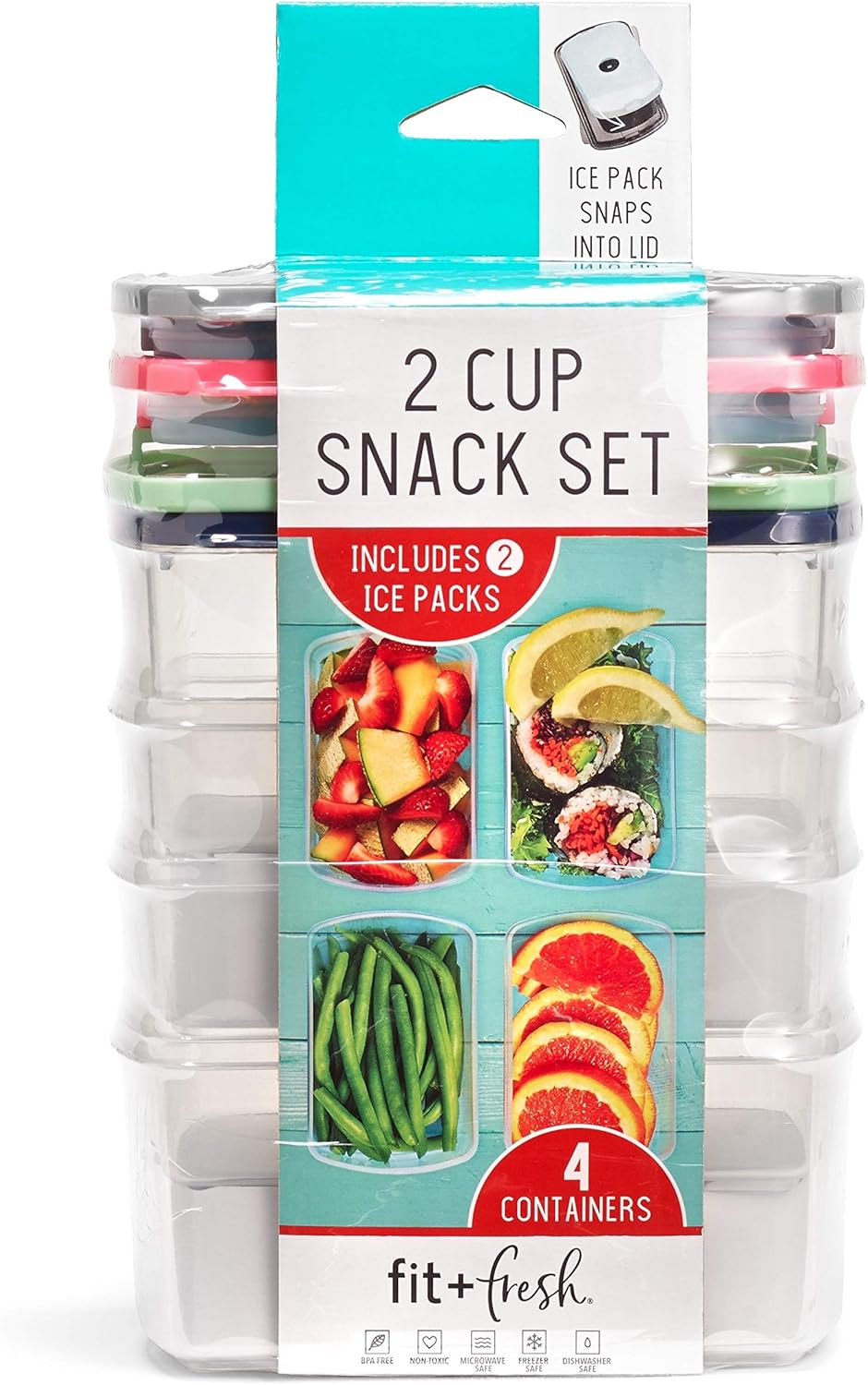 Fit & Fresh Small Plastic Containers With Lids 16 oz, Small Snack Containers With Lids For Adults and Kids, Reusable Leakproof Dressing and Condiment Containers With Two Attachable Ice Packs, 4PK, Light