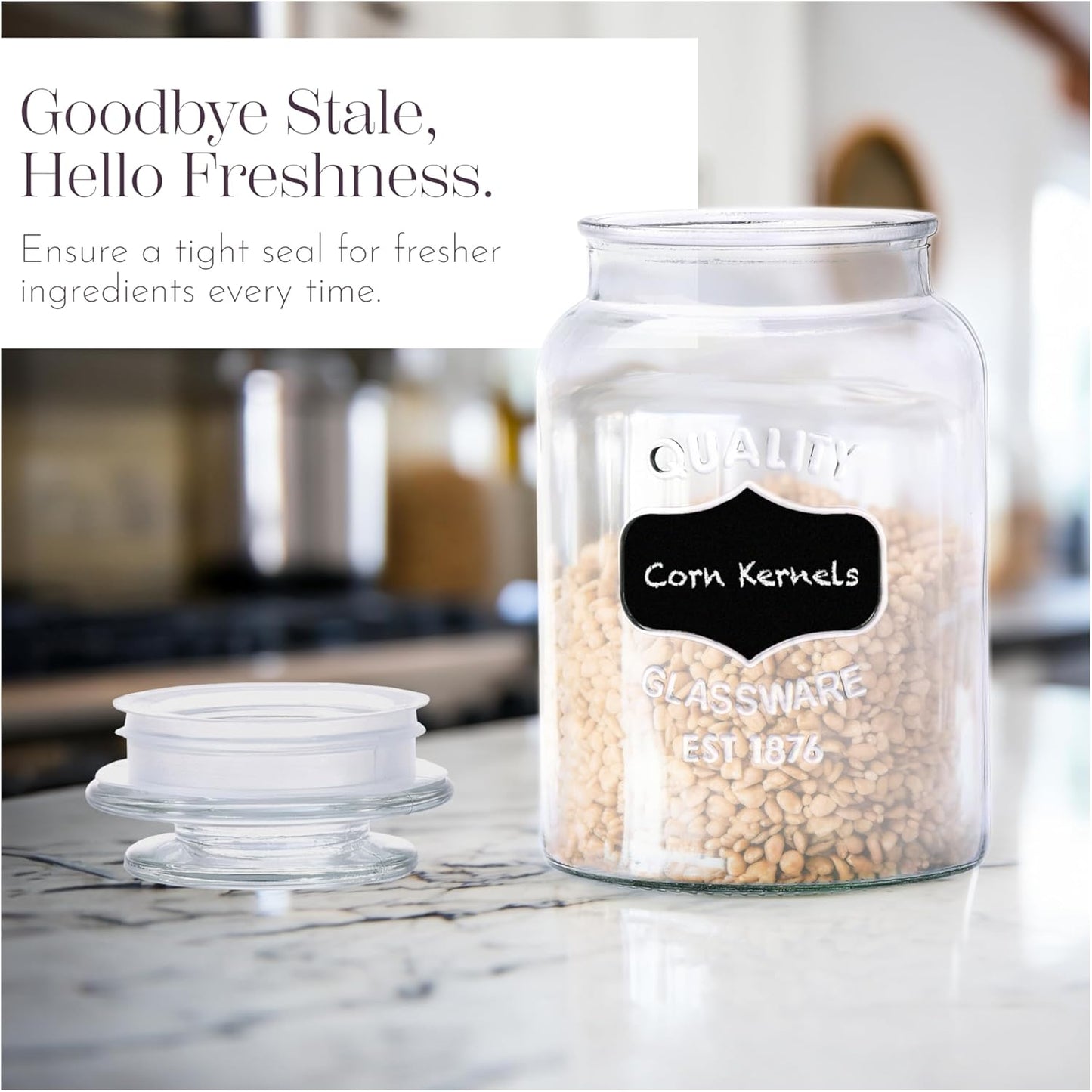 WHOLE HOUSEWARES Glass Canisters with Airtight Lids Set of 3 - Glass Storage Jars for Candy, Cookie, Flour, Sugar, Coffee - Sealed Food Storage for Pantry - Clear Containers for Kitchen Counter