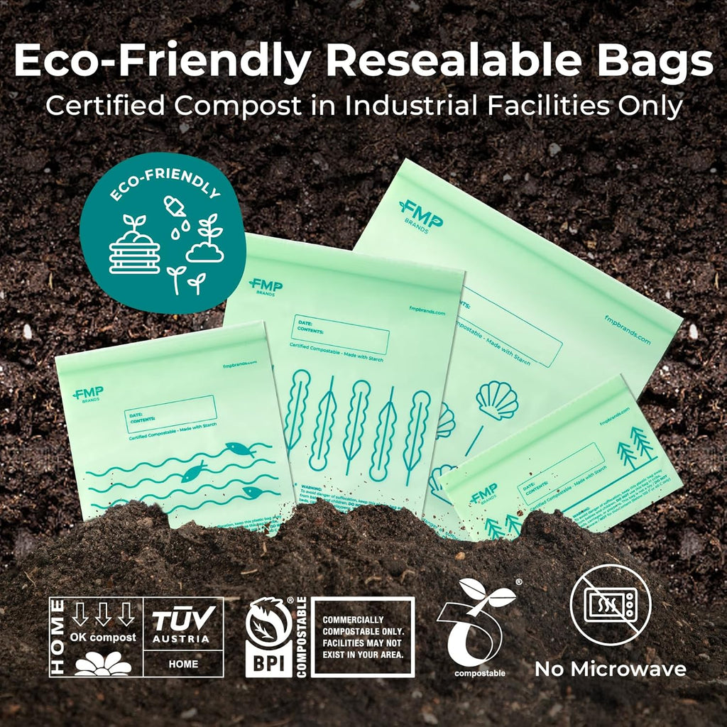 Fit Meal Prep 50 Pack 100% Compostable Food Storage Bags, 7 x 8" Resealable Freezer Bags Quart Size for Meat, Fruits, Plant-Based Sandwich Bag, ASTM D6400, US BPI & EU OK Compost Certified