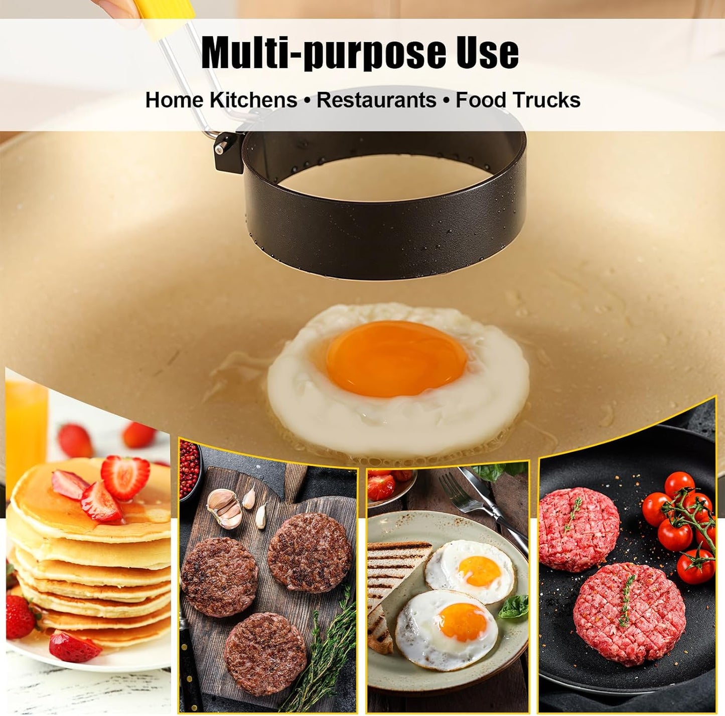 4 Pack Fried Egg Molds Round Stainless Steel Fried Egg Ring with Silicone Handle Perfect for Making Breakfast Sandwiches, Burgers, Pancakes Suitable for Home or Breakfast Carts (3 inch & 4 inch）