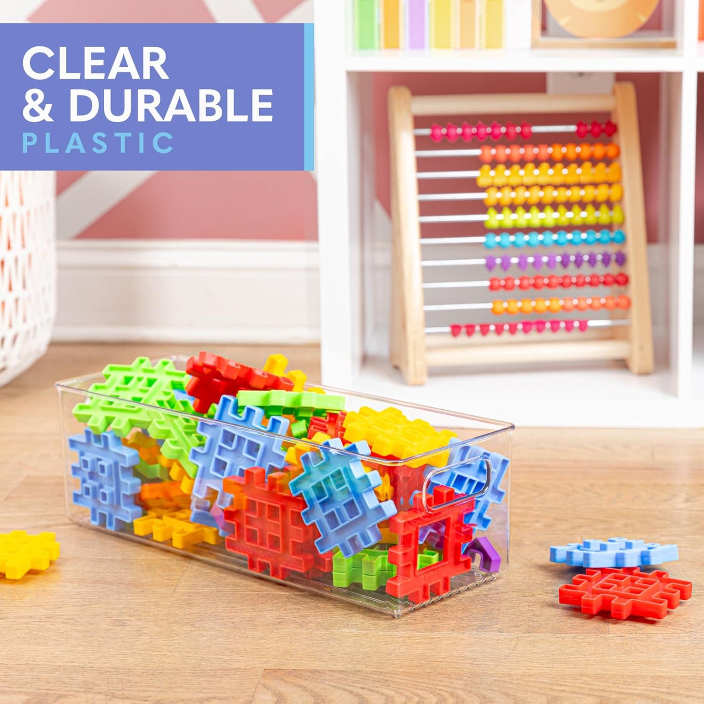 Plastic Food Storage 4 Pack Clear Container Bin with Handles for Organizing Kitchen, Pantry, Fridge, Freezer, Pantry, Bathroom. 14"x6"5"