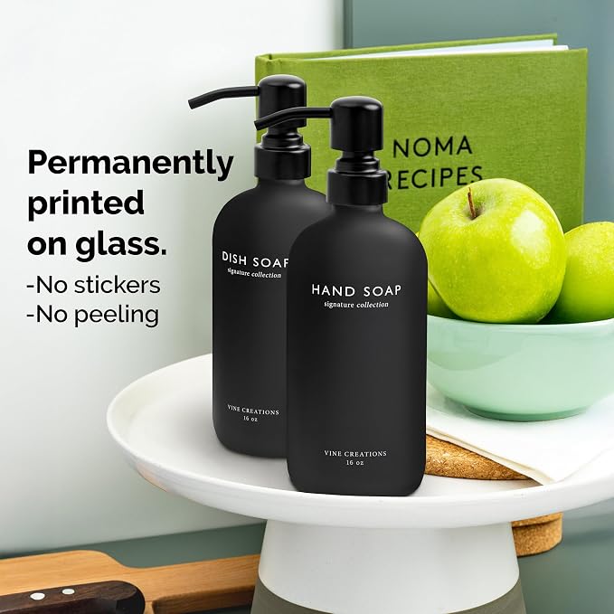 Vine Creations Black Glass Soap Dispenser Set, Dish Soap and Hand Soap - Image 3