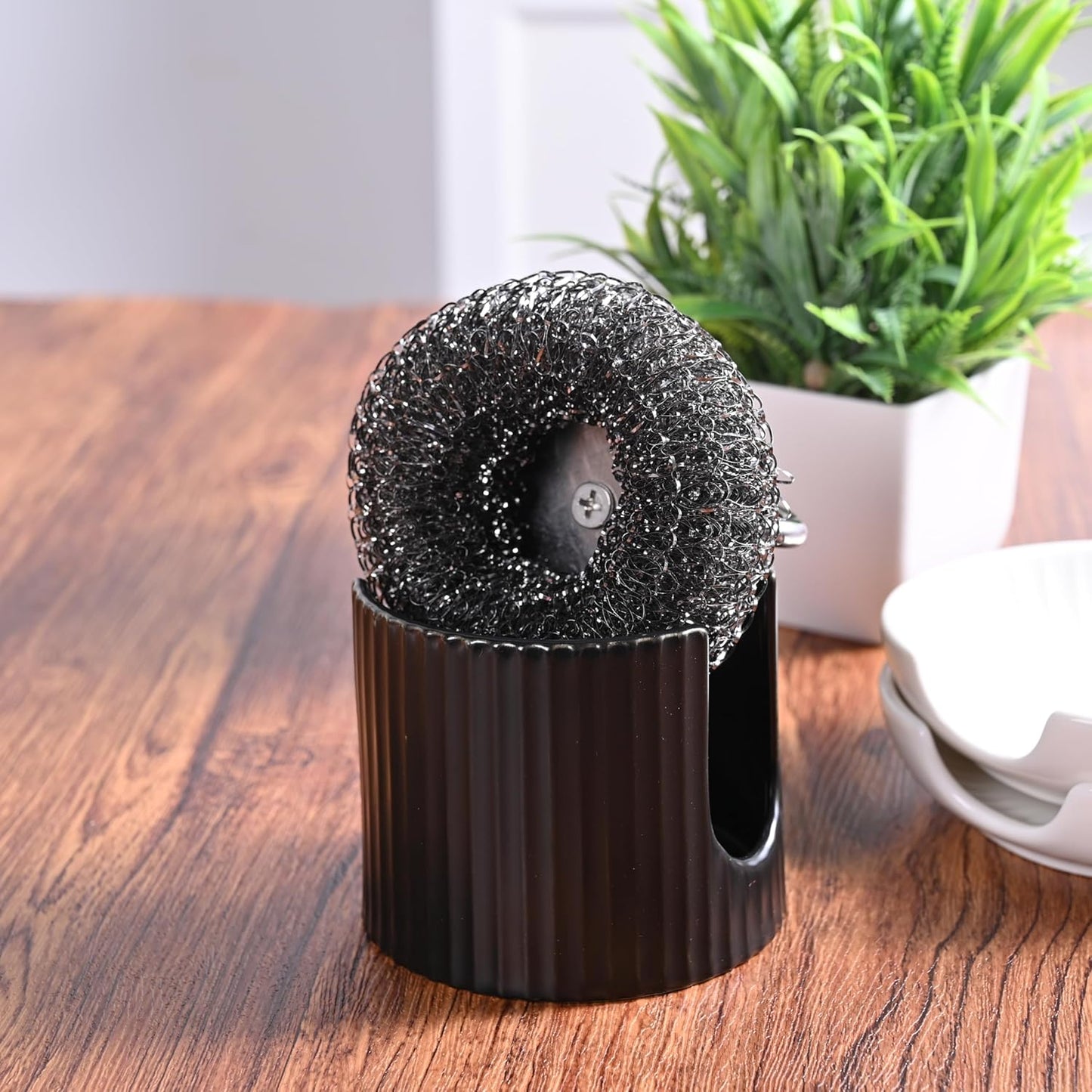 Ceramic Sponge Caddy for Kitchen Sink - Black Dish Sponge Holder, Scouring Pads Drying Rack for Countertop