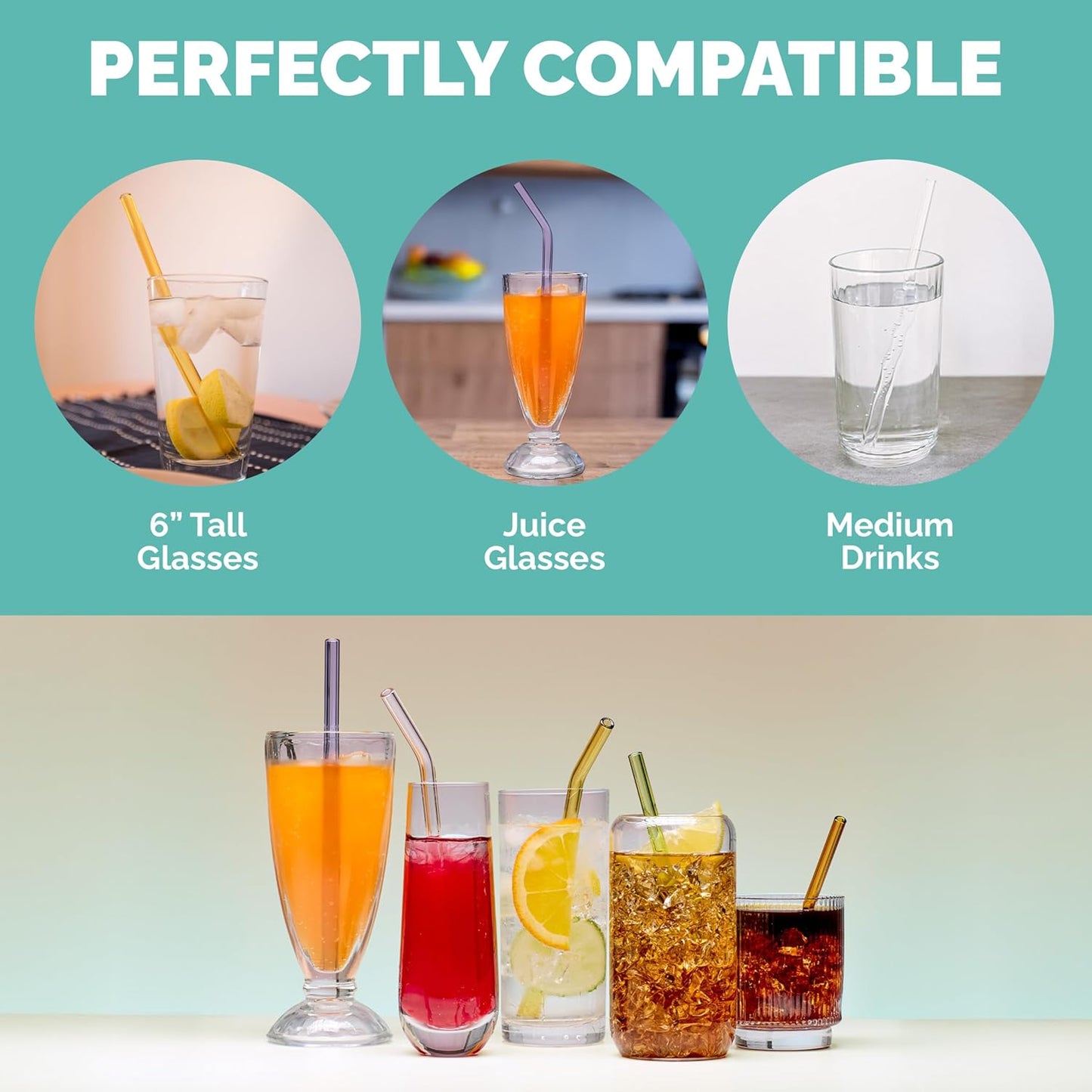 Simply Straws 8 Inch Glass Straws Straight (6-Pack) – Reusable Glass Straws for Pints & Juice Drinkware, with Cleaning Brush – Dishwasher Safe, Hot & Cold Use, BPA-Free (Meadow)