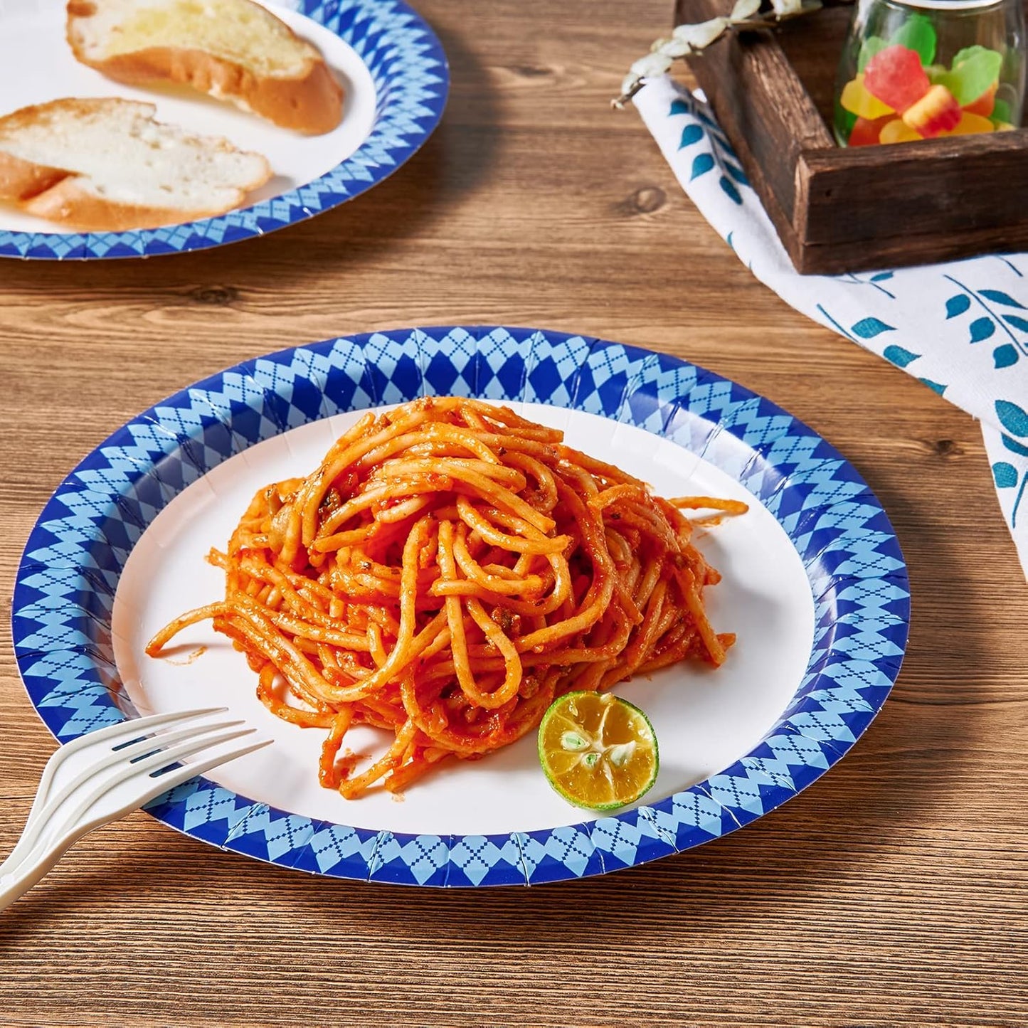 JOLLY PARTY 8.37 inch Disposable Paper Plates, 300 Count Dinner Plates, Soak Proof, Cut Proof for Everyday Use, Navy Diamond Pattern Rim Design