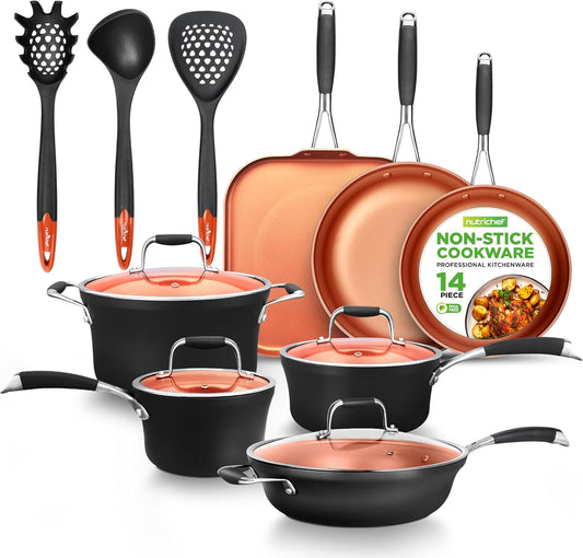 NutriChef 14-Piece Non-Stick Pots & Pans Set - Multi-Sized Cooking Pots with Lids, Small and Medium Frying Pans with Slotted Spatula, Pasta Server, Soup Ladle, Silicone Handles (Copper Color)